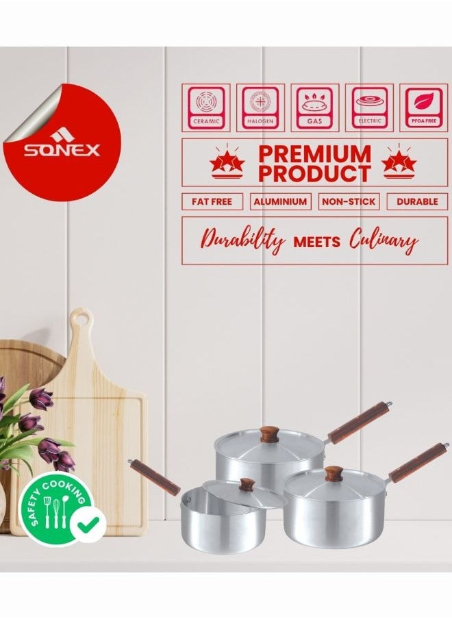 Sonex 3-Piece Sauce Pot Set with Wooden Handles, High-Quality Aluminum, Durable Metal Finish, Ideal for Sauces, Soups, and Stews, Sizes 16/18.5/21 cm, Capacities 2/2.5/3 Liters