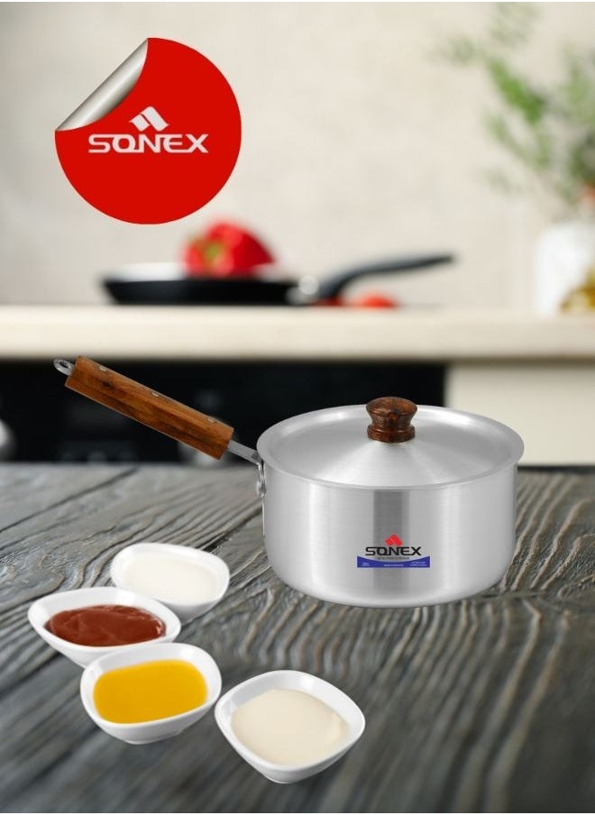 Sonex 3-Piece Sauce Pot Set with Wooden Handles, High-Quality Aluminum, Durable Metal Finish, Ideal for Sauces, Soups, and Stews, Sizes 16/18.5/21 cm, Capacities 2/2.5/3 Liters