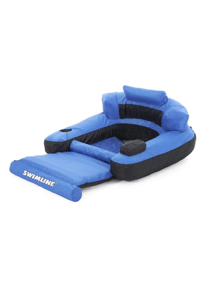 Inflatable Durable Fabric Swimming Pool Floating Lounger Chair With Armrest, Backrest, And Built-In Cupholder For Adults And Kids, Blue