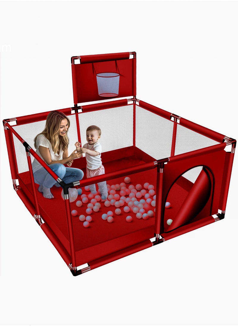 Happy Game Fence Portable Playpen for Children Safety Playpen for Kids Red Playpen Indoor and Outdoor Use Folding Fence for Toddlers Easy Fold Safety Play Yard for Baby Enclosed Pen for Small Children Yard Pen for Kids Safe Baby Corral Crib Divider Exercise Pen for Toddler With 30 Balls