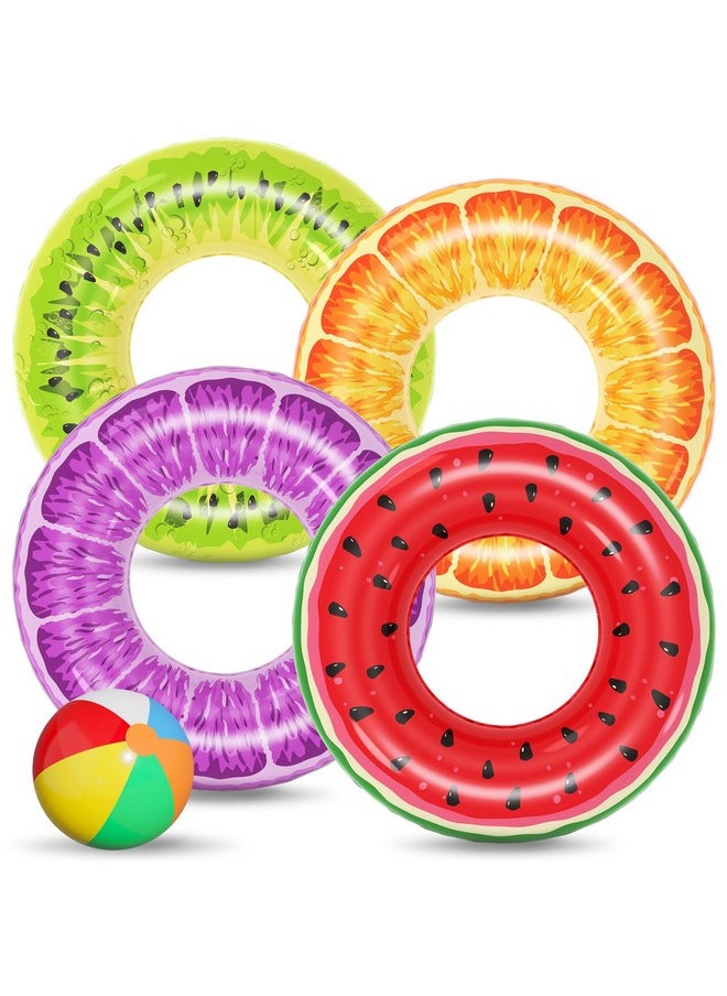 Inflatable Pool Toys Floats For Swimming Pool Party Lake Beach Kids Adults - 4 Pack Floaties Pool Tubes Swim Rings Fruit Water Floaty Watermelon Kiwi Orange Grape