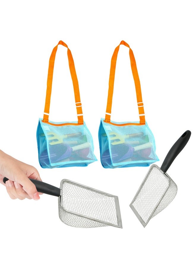 2X Shark Tooth Sifter For Beach With 2X Small Mesh Beach Bag For Shell Collecting, Metal Sand Scoop For Picking Up Shells - Beach Toys For Kids (2 Sets)