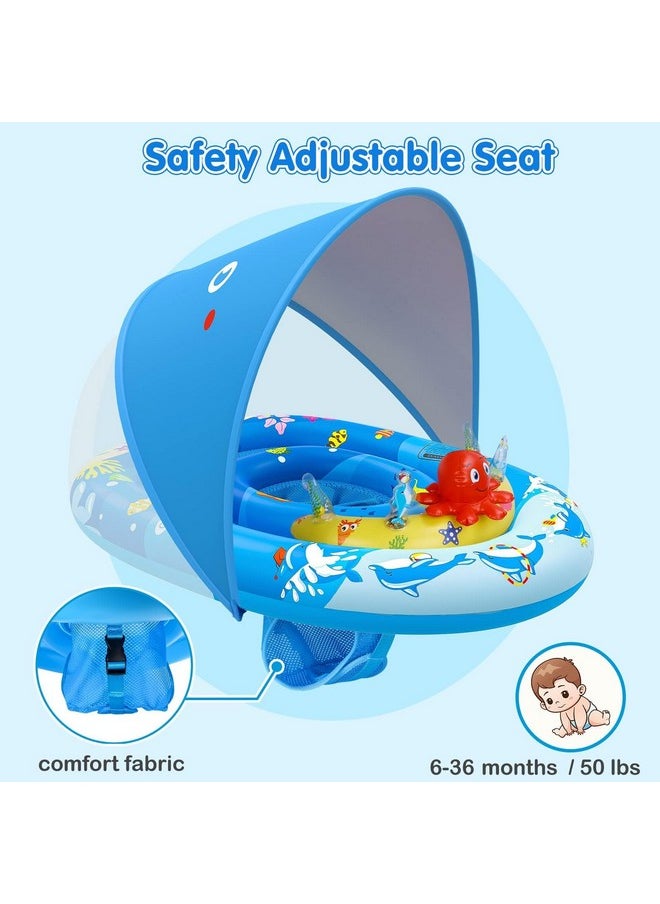 Baby Pool Float With Canopy Upf50+ Sun Protection, Inflatable Kids Pool Float With Ocean Animal Toys For Babies 6-36 Months, Infant Swimming Float With Adjustable Safety Seat For Boys Girls