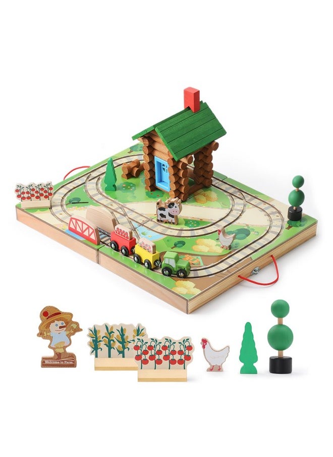 Train Set For Toddlers, Portable Farm Log Cabin 78 Pcs, Take-Along Tabletop Railroad With Building Block For Toddlers And Kids Ages 3+