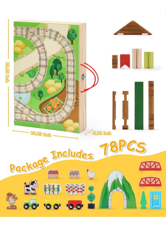 Train Set For Toddlers, Portable Farm Log Cabin 78 Pcs, Take-Along Tabletop Railroad With Building Block For Toddlers And Kids Ages 3+