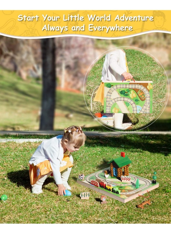 Train Set For Toddlers, Portable Farm Log Cabin 78 Pcs, Take-Along Tabletop Railroad With Building Block For Toddlers And Kids Ages 3+