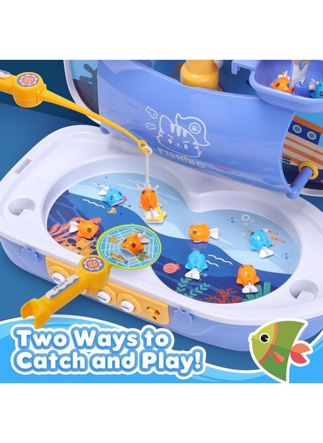 3-In-1 Toy Boat, Ship Toy Fishing Game, Magnetic Fishing Toys With 10 Fish, 2 Toy Fishing Poles, Electronic Playset With Fishing Pond, Educational Gift With Music For Kids Boys Girls