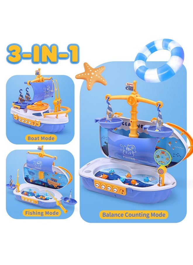 3-In-1 Toy Boat, Ship Toy Fishing Game, Magnetic Fishing Toys With 10 Fish, 2 Toy Fishing Poles, Electronic Playset With Fishing Pond, Educational Gift With Music For Kids Boys Girls