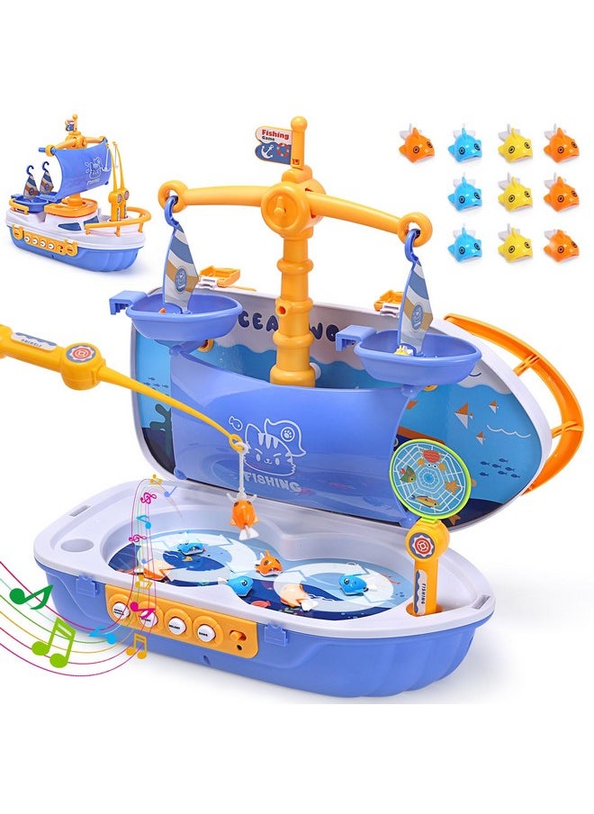 3-In-1 Toy Boat, Ship Toy Fishing Game, Magnetic Fishing Toys With 10 Fish, 2 Toy Fishing Poles, Electronic Playset With Fishing Pond, Educational Gift With Music For Kids Boys Girls