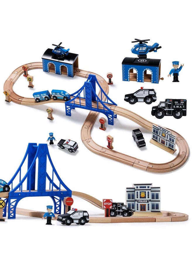 Wooden Train Set - Interactive Police Playset For Kids | Building Toy With Train, Figures & Accessories | Compatible With Brio, Thomas, Melissa And Doug | Educational Stem Gift