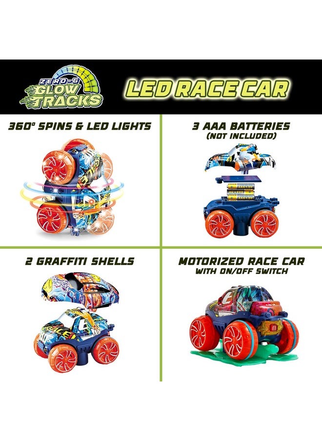 Zero-G Glow Race Track For Kids- 60Pcs Glow In The Dark Flexible Race Car Track Set With Suction Cups, Slot Car, 2 Graffiti Toy Cars Shells, Stem Toy Led Car Tracks For Boys And Girls Age 3+