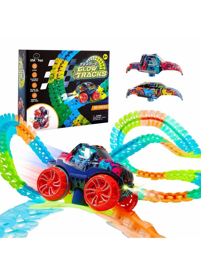 Zero-G Glow Race Track For Kids- 60Pcs Glow In The Dark Flexible Race Car Track Set With Suction Cups, Slot Car, 2 Graffiti Toy Cars Shells, Stem Toy Led Car Tracks For Boys And Girls Age 3+