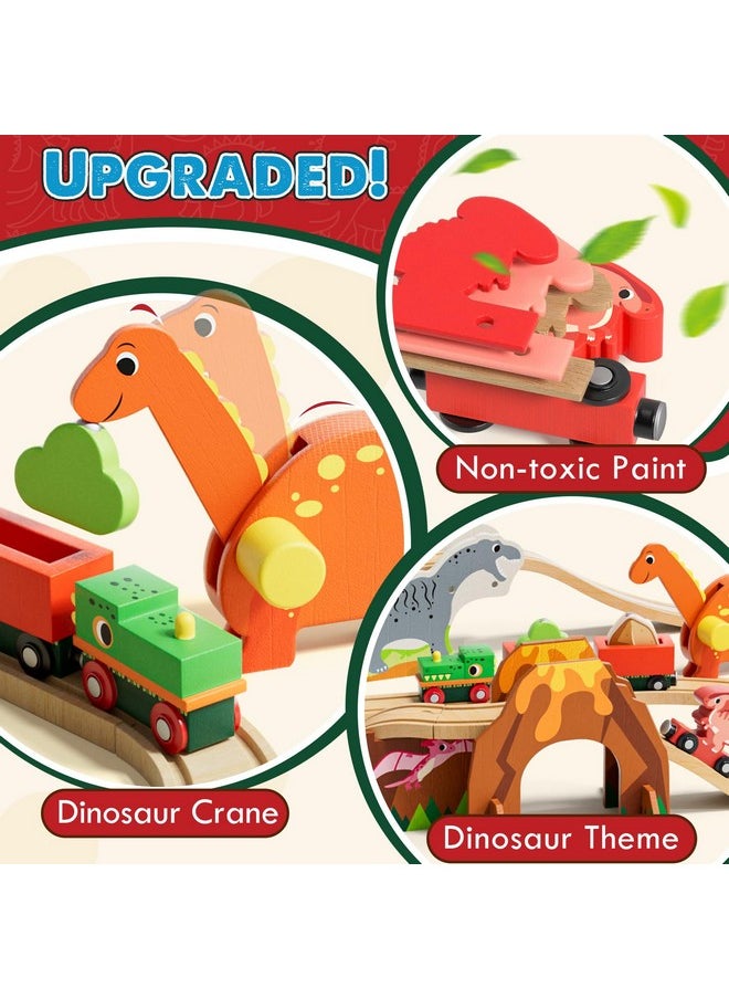 Wooden Train Set, Dinosaur Wooden Train Track Set, Wood Toy Train Set For Toddlers 2-4, Train Toys For Toddlers 3-5, Fits Thomas, Fits Brio, Fits Melissa And Doug