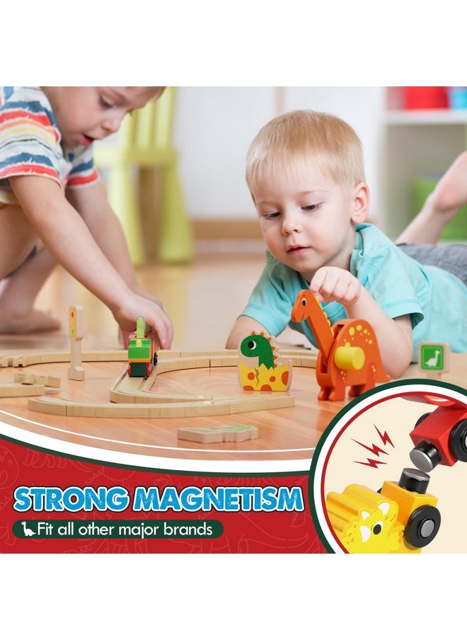 Wooden Train Set, Dinosaur Wooden Train Track Set, Wood Toy Train Set For Toddlers 2-4, Train Toys For Toddlers 3-5, Fits Thomas, Fits Brio, Fits Melissa And Doug