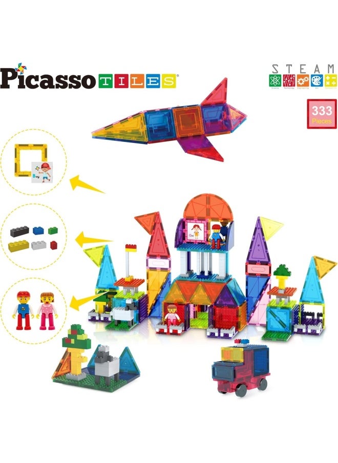 PicassoTiles Brick Blocks and Magnet Tile Combo Building Block Set (333 Pieces)