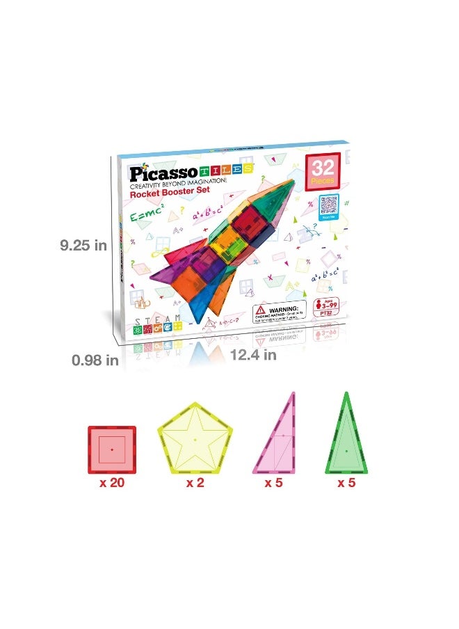 PicassoTiles Rocket Themed Magnetic Building Block Set (32 Pieces)