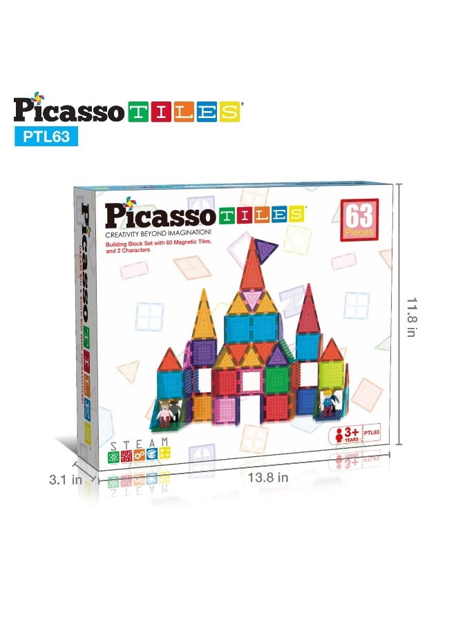 PicassoTiles Brick Block Magnetic Building Block Set with 2 Character Figures (63 Pieces)