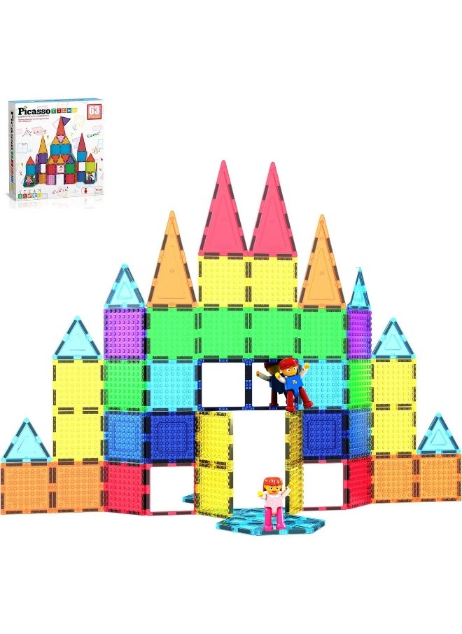 PicassoTiles Brick Block Magnetic Building Block Set with 2 Character Figures (63 Pieces)