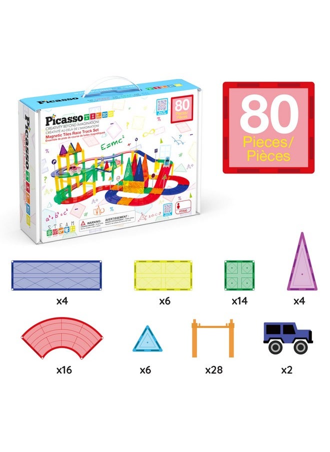 80 Piece Race Car Track Building Block Educational Toy Set Magnetic Tiles Magnet Diy Playset 2 Light Up Car Stem Learning Construction Kit Hand-Eye Coordination Fine Motor Skill Training