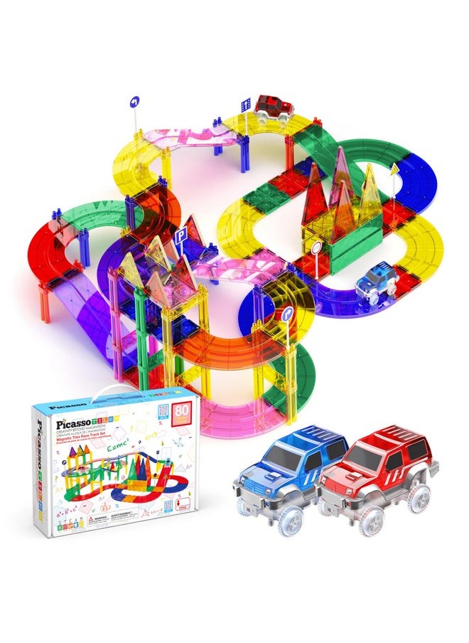 80 Piece Race Car Track Building Block Educational Toy Set Magnetic Tiles Magnet Diy Playset 2 Light Up Car Stem Learning Construction Kit Hand-Eye Coordination Fine Motor Skill Training