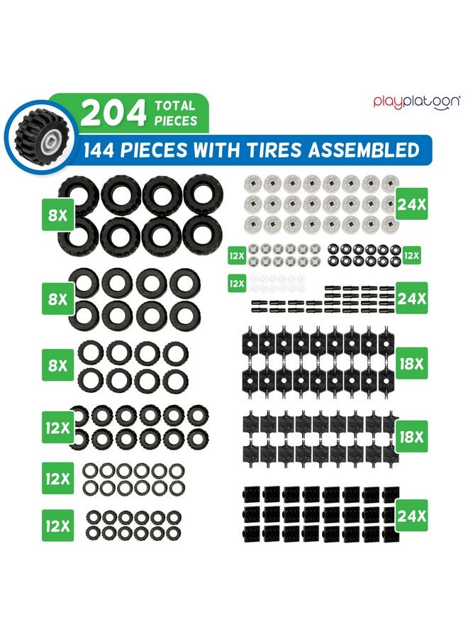 144 Piece Wheels And Axles Sets, Building Bricks Car Parts And Pieces Kit - Car Building Set With Wheels, Axles & Windshields