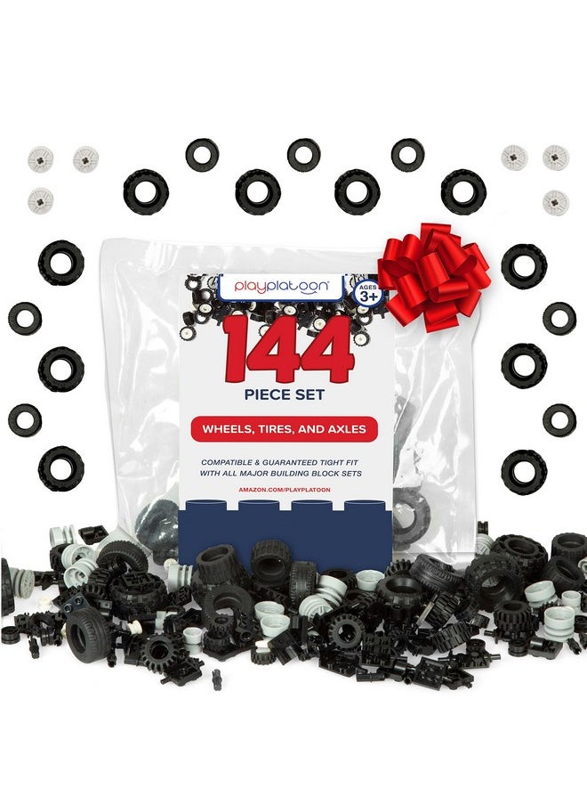 144 Piece Wheels And Axles Sets, Building Bricks Car Parts And Pieces Kit - Car Building Set With Wheels, Axles & Windshields