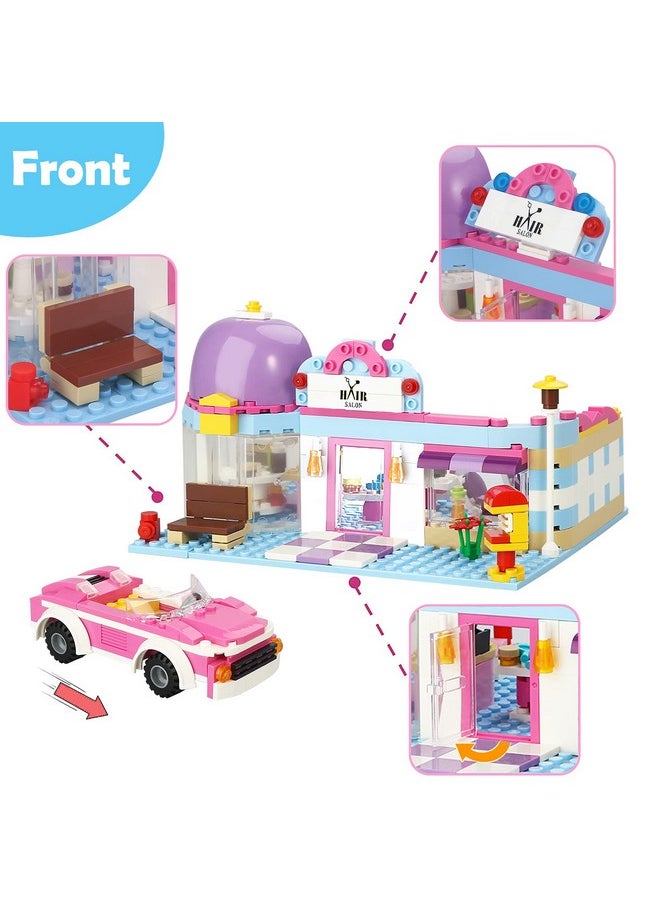 Girls Friends Hair Salon Building Kit With 2 Mini People 5 Dolls Hair Creative Girls Friends Sets 358 Pieces With A Pink Convertible Car Stem Building Toys Gifts For Kids Age 6-12 And Up