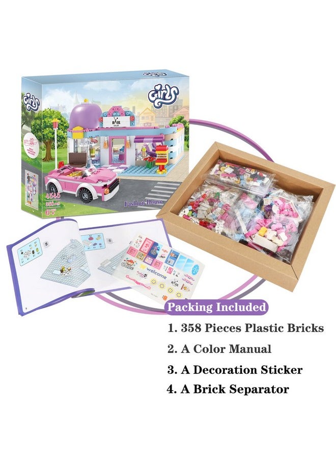 Girls Friends Hair Salon Building Kit With 2 Mini People 5 Dolls Hair Creative Girls Friends Sets 358 Pieces With A Pink Convertible Car Stem Building Toys Gifts For Kids Age 6-12 And Up