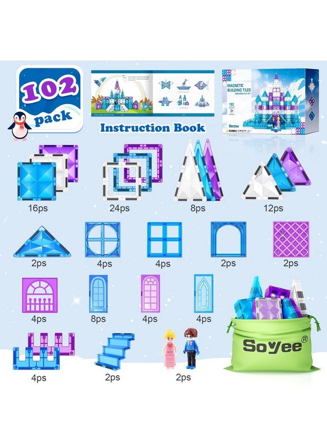 Frozen Magnetic Tiles 102Pcs With 2 Stairs Dolls Princess Castle Building Stem Toys For 3+ Year Old Girls & Boys, 3 4 5 6 7 8 9 10 Year Old Girl Birthday Gifts