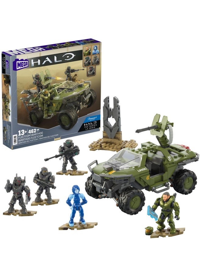 Halo The Series Vehicle Building Toys Set, Fleetcom Warthog Atv With 469 Pieces, 5 Micro Action Figures, Poseable Articulation, Kids And Fans