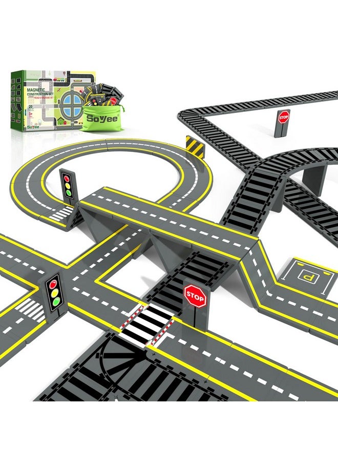 Magnetic Tiles Road & Train Track Expansion Pack Magnetic Building Blocks Construction Toys Kids Toys For Ages 3-12 Boys Girls Construction Magnet Building Toys Includes Road Tracks, Traffic Lights