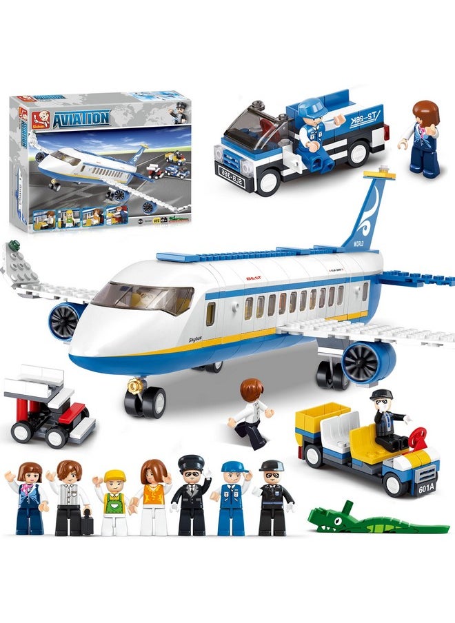 City Passenger Airplane Building Set, 4 In 1 Stem Toy With A Large Airplane, Passenger Bus, Luggage Truck, Container Loader, And 7 Minifigures, Compatible With Lego Plane, Airport Gift For Boy 6+