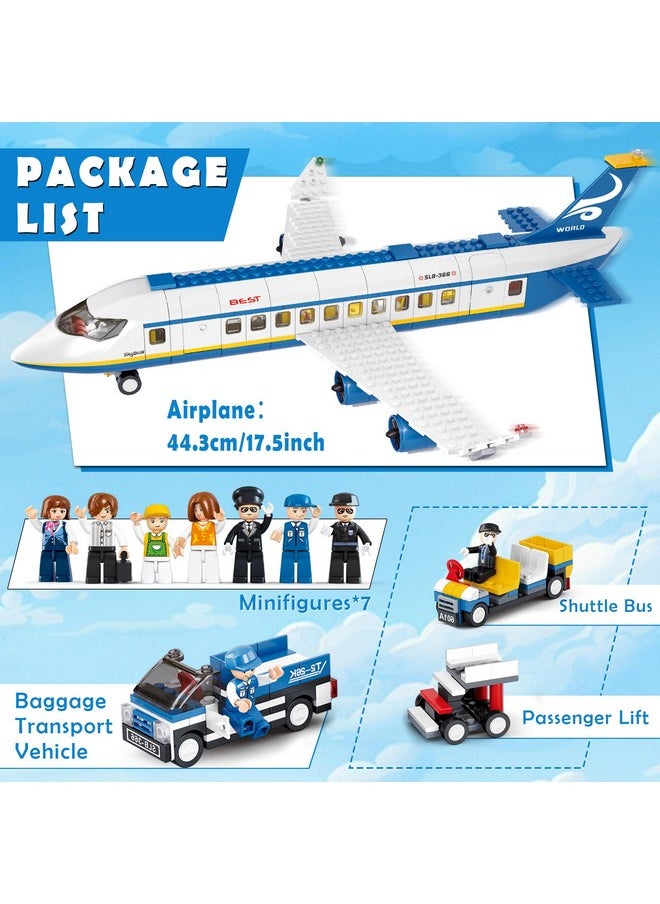 City Passenger Airplane Building Set, 4 In 1 Stem Toy With A Large Airplane, Passenger Bus, Luggage Truck, Container Loader, And 7 Minifigures, Compatible With Lego Plane, Airport Gift For Boy 6+