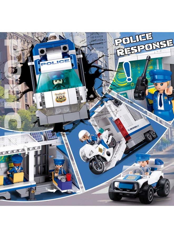 City Police Command Center Truck Building Toy, Police Mobile Car Toy, Motorcycle, Police Cop Patrol, 4 Minifigures Compatible With Lego City Transporter Truck, Ideal Gift 6-12 Boys Girls, 510Pcs