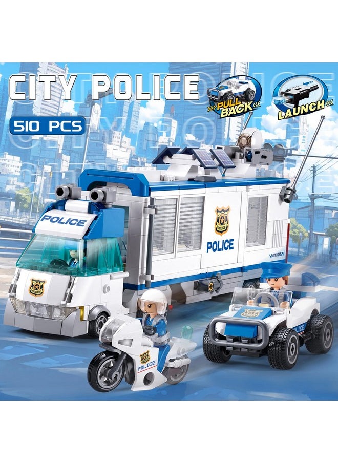 City Police Command Center Truck Building Toy, Police Mobile Car Toy, Motorcycle, Police Cop Patrol, 4 Minifigures Compatible With Lego City Transporter Truck, Ideal Gift 6-12 Boys Girls, 510Pcs