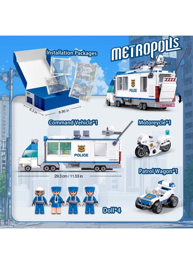 City Police Command Center Truck Building Toy, Police Mobile Car Toy, Motorcycle, Police Cop Patrol, 4 Minifigures Compatible With Lego City Transporter Truck, Ideal Gift 6-12 Boys Girls, 510Pcs