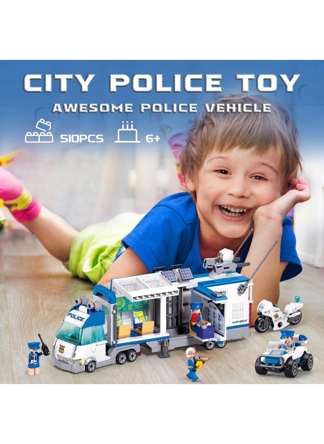 City Police Command Center Truck Building Toy, Police Mobile Car Toy, Motorcycle, Police Cop Patrol, 4 Minifigures Compatible With Lego City Transporter Truck, Ideal Gift 6-12 Boys Girls, 510Pcs