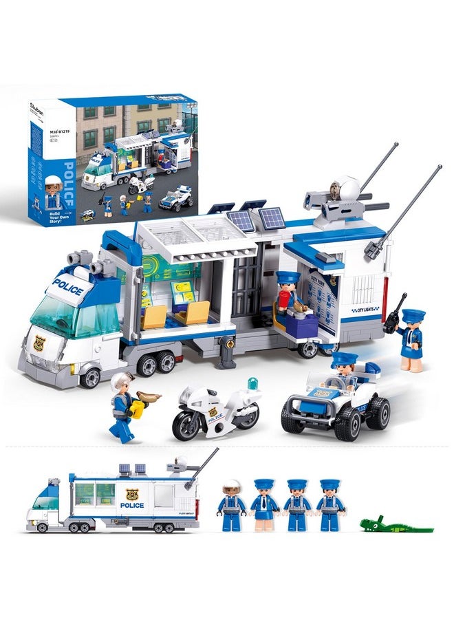 City Police Command Center Truck Building Toy, Police Mobile Car Toy, Motorcycle, Police Cop Patrol, 4 Minifigures Compatible With Lego City Transporter Truck, Ideal Gift 6-12 Boys Girls, 510Pcs
