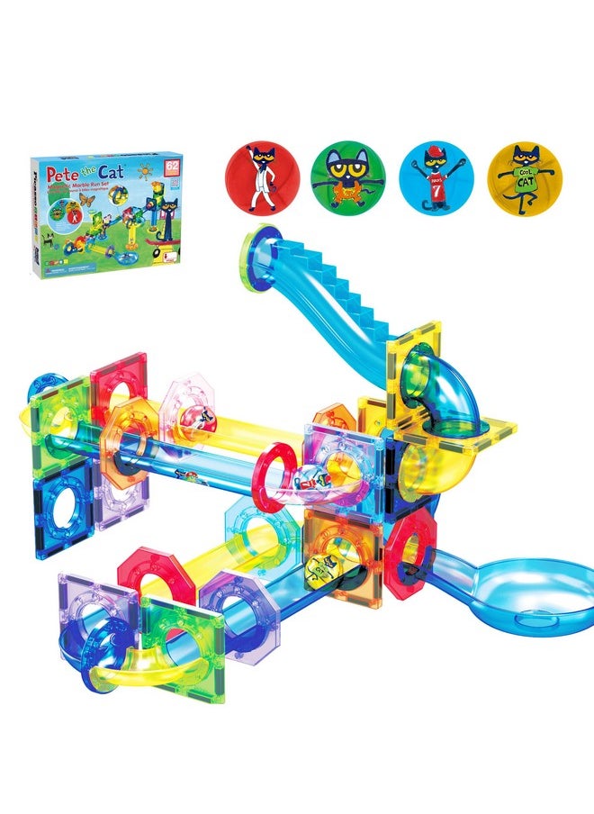 62 Piece Magnetic Marble Run Pete The Cat Marble Maze Marbles For Kids Race Track Toy Set Sensory Toys For Toddlers Stem Education Magnet Building Blocks Construction Tiles Boys Girls 3+