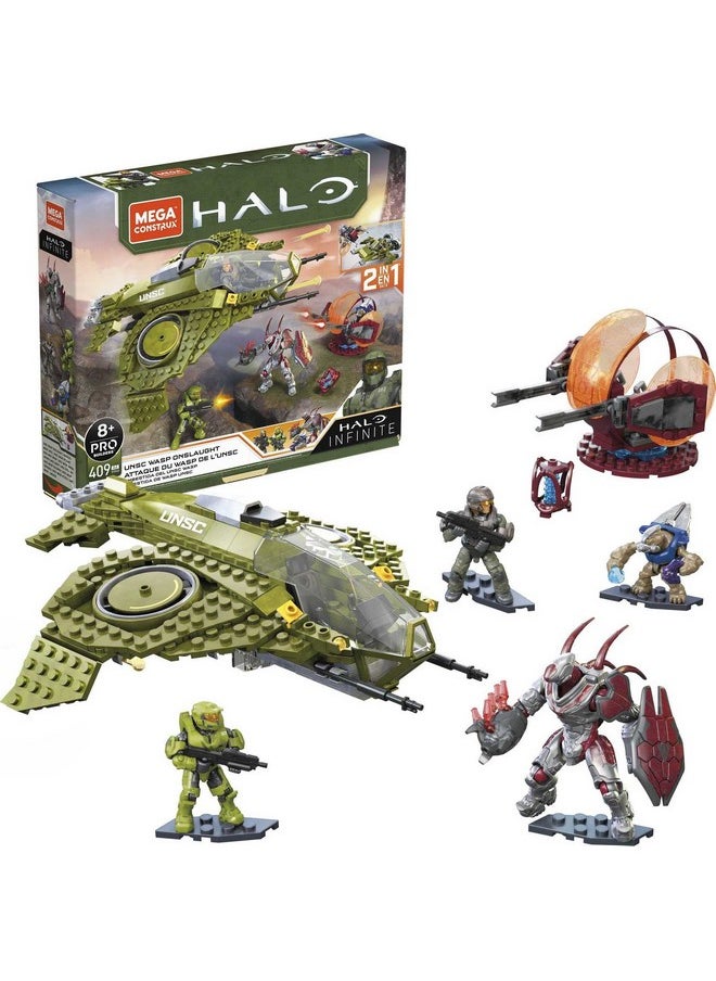 Halo Infinite Toy Building Set, Unsc Wasp Onslaught Aircraft With 406 Pieces, 4 Poseable Action Figures And Accessories, For Collectors