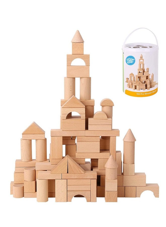 Wooden Blocks - 100 Pcs - Building Blocks For Toddlers - Includes Storage Container With Shape Sorter Lid - Natural Beech Wood Blocks - Preschool Learning Toys Stacking Block