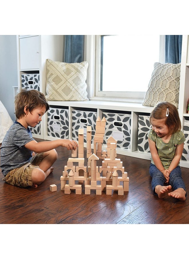 Wooden Blocks - 100 Pcs - Building Blocks For Toddlers - Includes Storage Container With Shape Sorter Lid - Natural Beech Wood Blocks - Preschool Learning Toys Stacking Block