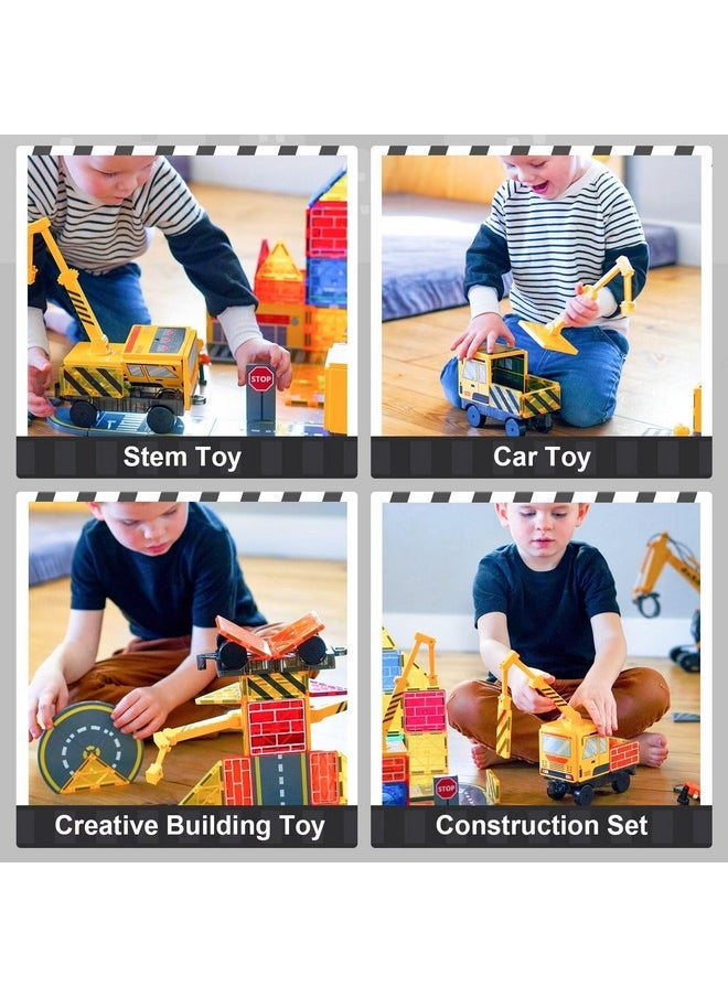 Magnetic Tiles Construction Toys With Crane Road Pieces Truck Magnetic Blocks Stem Building Sensory Toys For Kids 3 4 5 6 7 8 Year Old Boys Birthday Xmas Gifts
