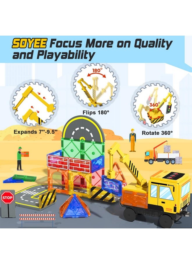 Magnetic Tiles Construction Toys With Crane Road Pieces Truck Magnetic Blocks Stem Building Sensory Toys For Kids 3 4 5 6 7 8 Year Old Boys Birthday Xmas Gifts