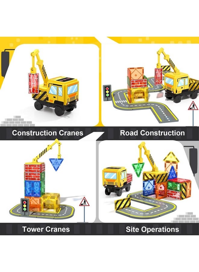 Magnetic Tiles Construction Toys With Crane Road Pieces Truck Magnetic Blocks Stem Building Sensory Toys For Kids 3 4 5 6 7 8 Year Old Boys Birthday Xmas Gifts