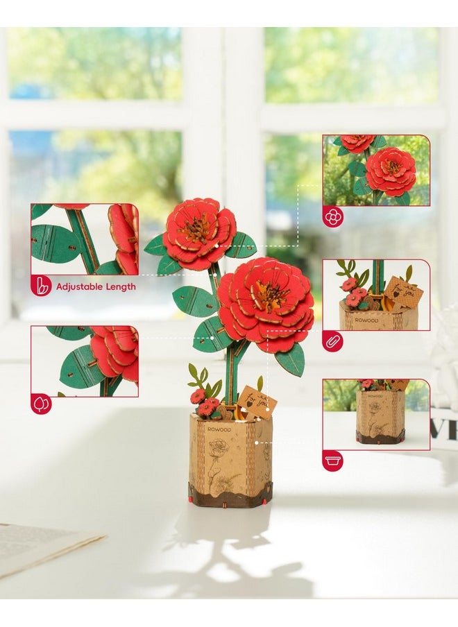 3D Puzzle Artifical Flower,Diy Wooden Flower Craft Kit For Kids,Mother'S Day/Valentine'S Day/Teacher'S Day/Thanksgiving Day/Christmas/Birthday Gift For Mom/Women/Grandma/Wife/Her-Red Camellia