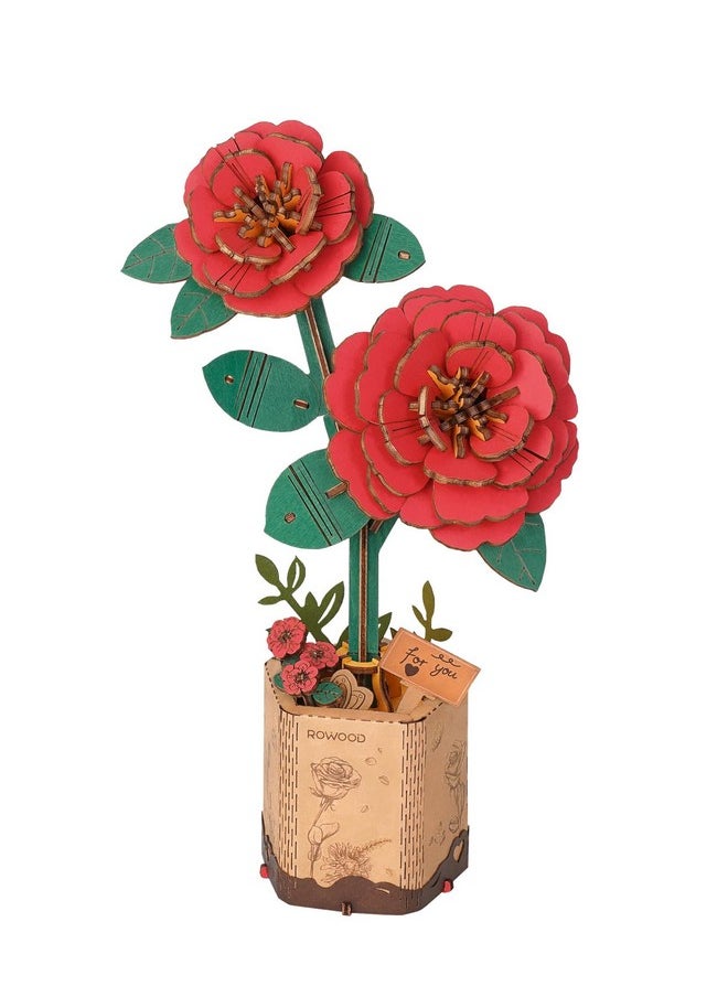 3D Puzzle Artifical Flower,Diy Wooden Flower Craft Kit For Kids,Mother'S Day/Valentine'S Day/Teacher'S Day/Thanksgiving Day/Christmas/Birthday Gift For Mom/Women/Grandma/Wife/Her-Red Camellia