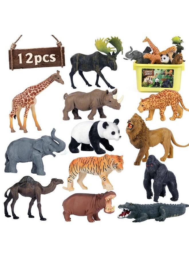 Safari Animal Toys Figures, 12 Pcs Realistic Jumbo Wild Jungle Animals Figurines, Large African Zoo Animal Playset With Lion,Elephant,Giraffe, Plastic Animal Learning Toys For Kids Toddlers Boys