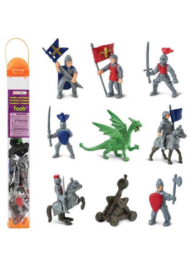 Knights & Dragons Toob - Set Of 10 Mini Figurines: Red & Blue Kingdom Knights, Catapult, And Green Dragon - History Learning Toy Figures For Boys, Girls & Kids Ages 3+