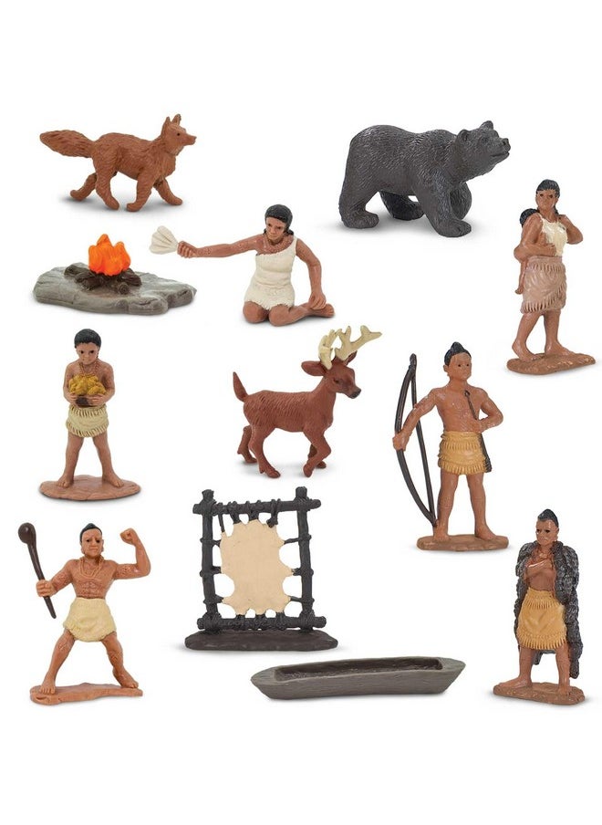 Powhatan Indians Toob - 12 Figurines: Camp Fire, Canoe, Deer Hide, Warriors, Pocahontas, Chief Whunsoncock, & More - Educational Toy Figures For Boys, Girls & Kids Ages 3+